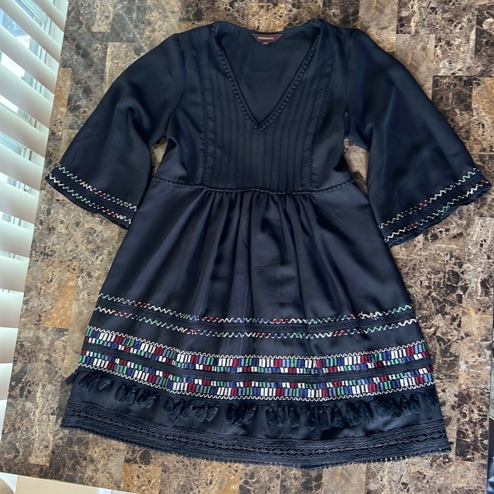 Ranna Gill Embroidered Mini Dress, Black with Bell Sleeves- Size SP‎